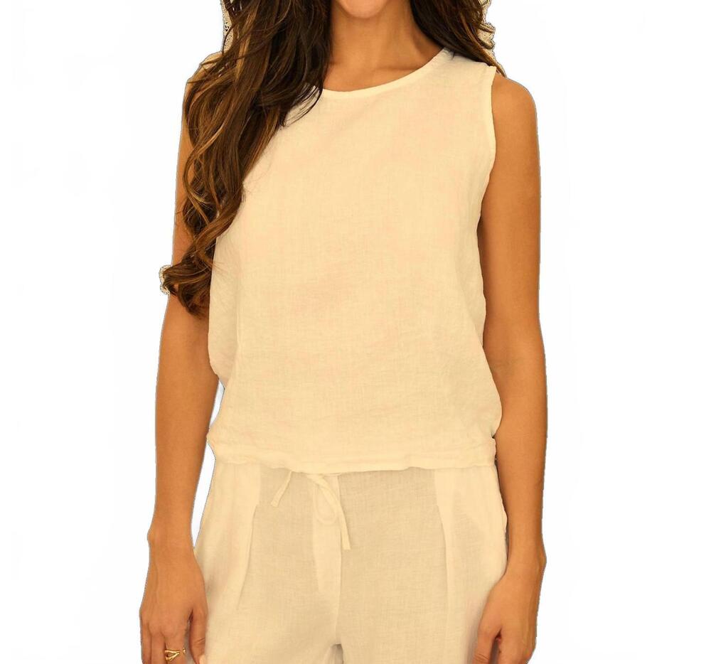 NEW MILIO MILANO open back linen tank top in beige